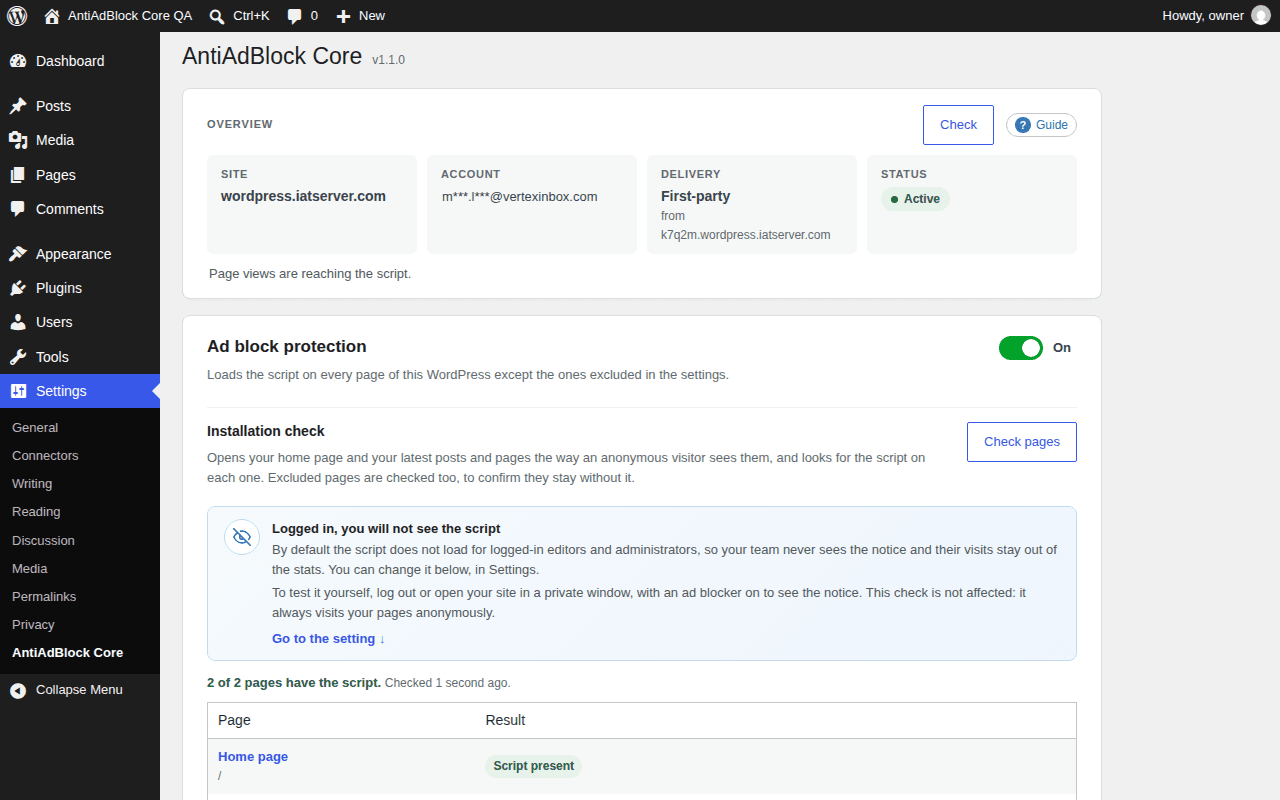 AntiAdBlockCore settings page in WordPress: overview, protection switch and installation check