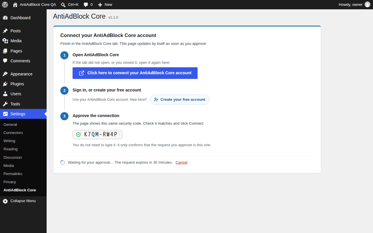 Connecting: your AntiAdBlock Core account opens in a new tab and the plugin waits for your approval.