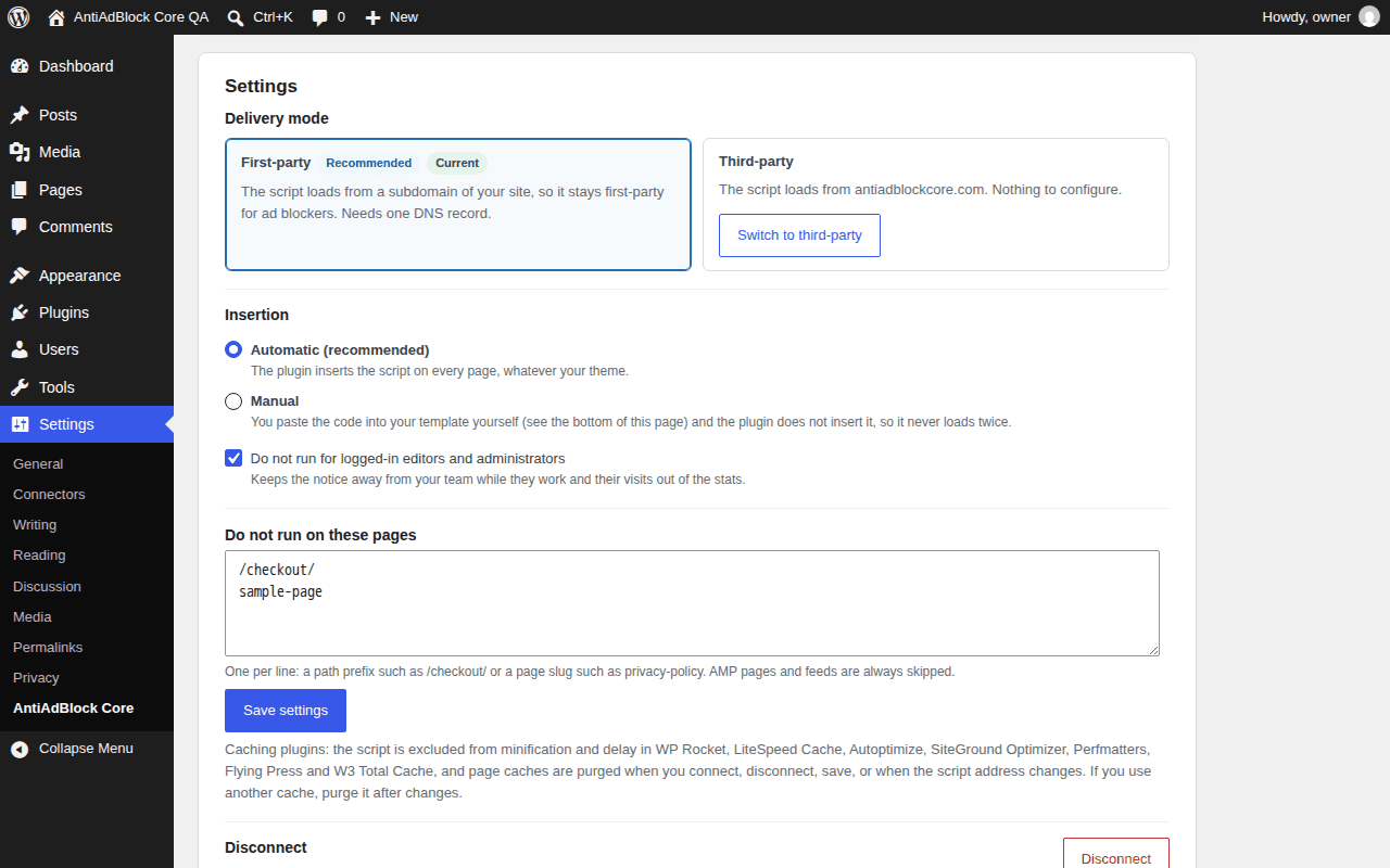 Settings: delivery mode, insertion, logged-in users and excluded pages.